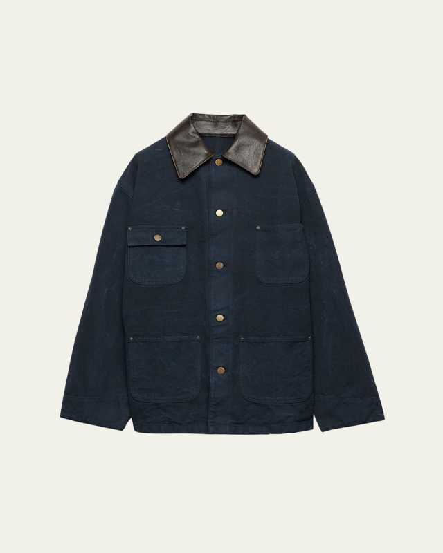 Leather-Collar Canvas Utility Jacket